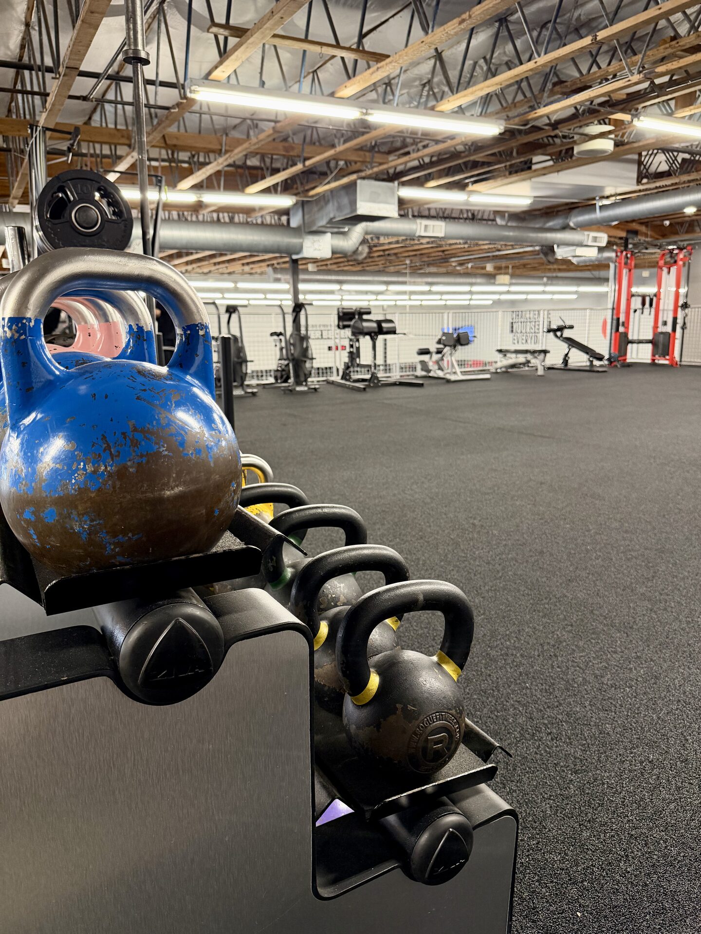 Burn Fitness branded American Barbell plates on the rack